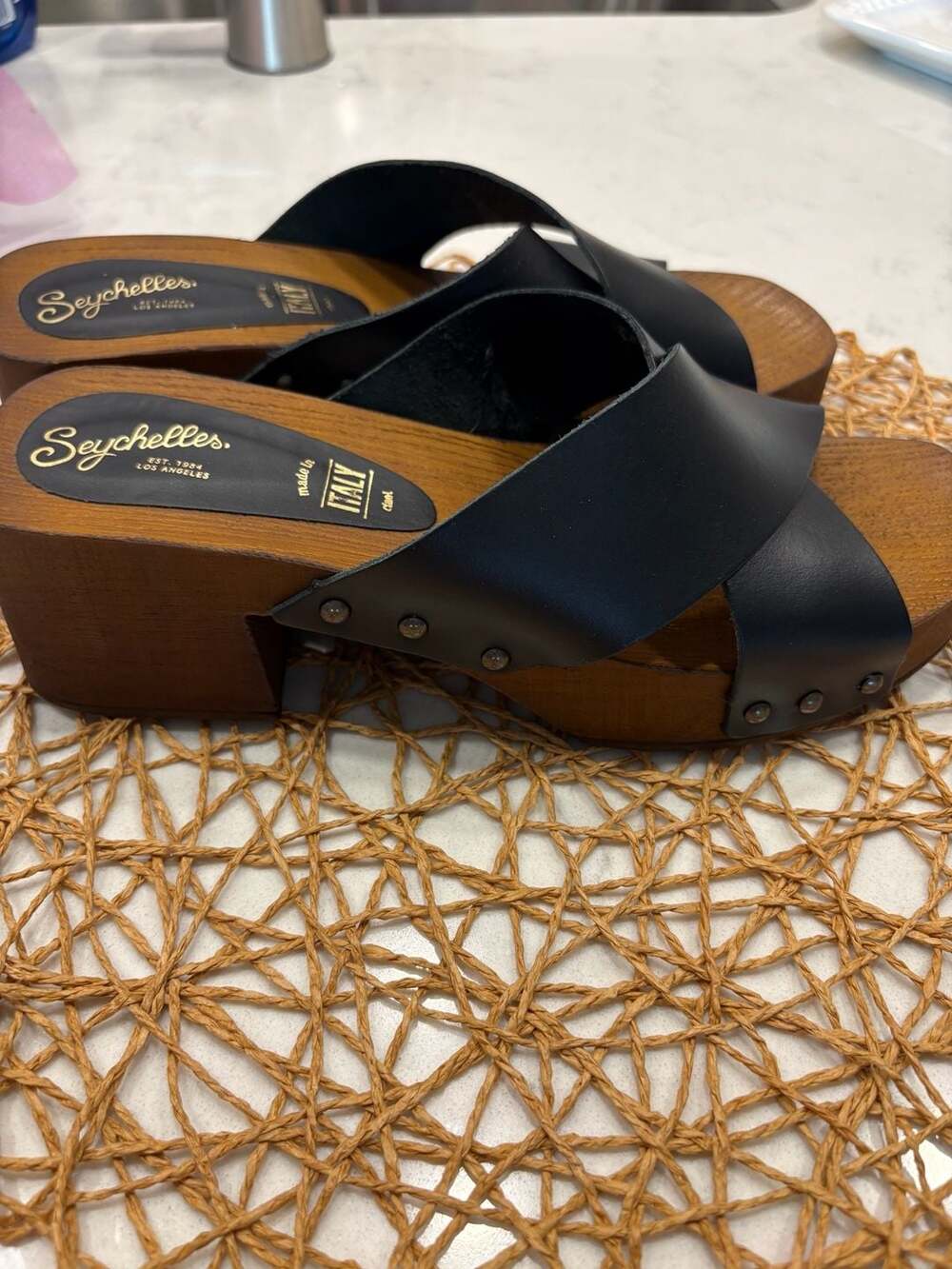 Seychelles Black Leather Criss Cross Wooden Platform Clog Sandals - Picture 3 of 9